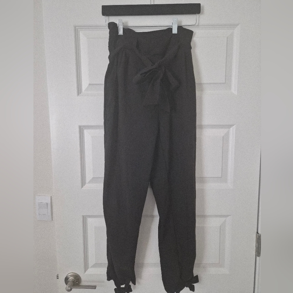 High-Waist Black Paperbag Tie-Waist Pants - Women